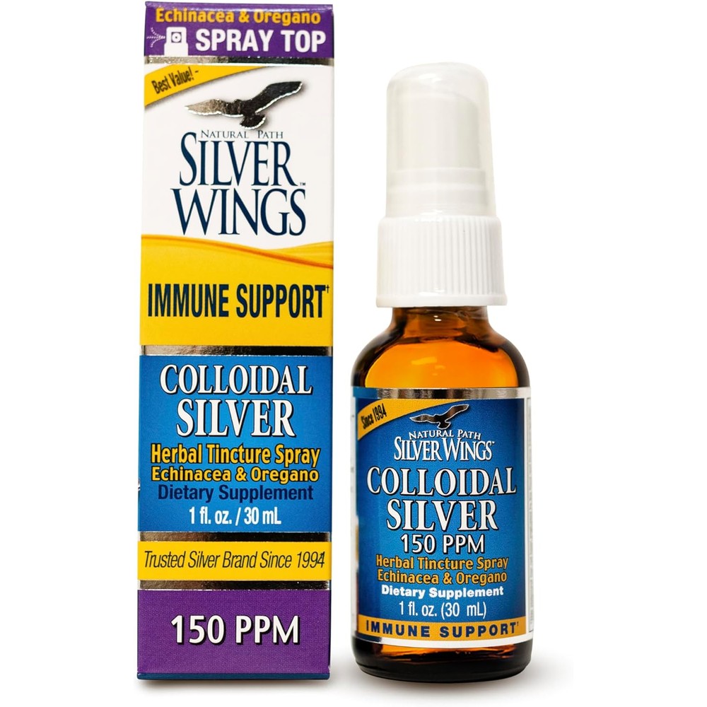 Natural Path Silver Wings Colloidal Silver 150ppm spray front view for immune support.