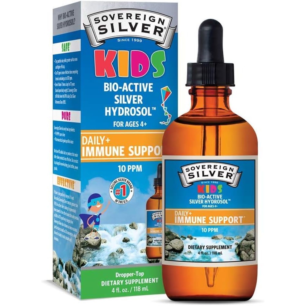 Sovereign Silver Kids Immune Support four fluid ounce front bottle view showing dropper top and clean label.