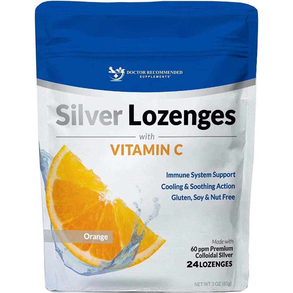 Doctor Recommended Supplements Silver Lozenges front packaging showing 24 orange drops