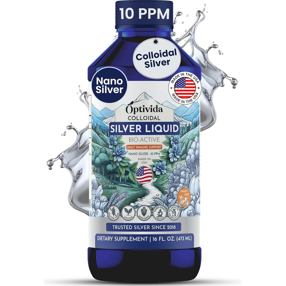 Optivida Colloidal Silver Liquid sixteen ounce bottle front view highlighting ten PPM immune support formula.