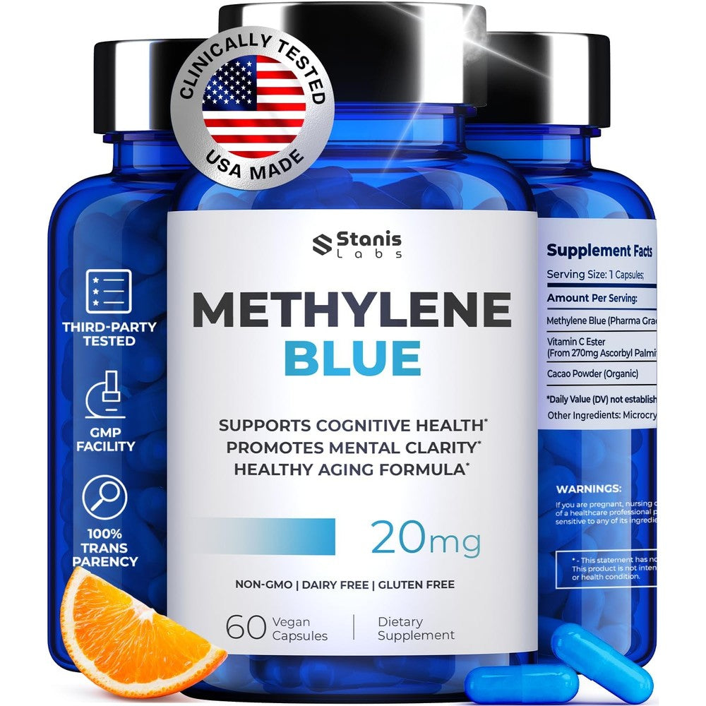 Stanis Labs Ultimate Methylene Blue 20mg capsule bottle front view for brain focus fuel