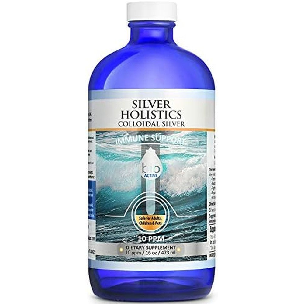 Silver Holistics Colloidal Silver Liquid sixteen ounce glass bottle front view showing product labels