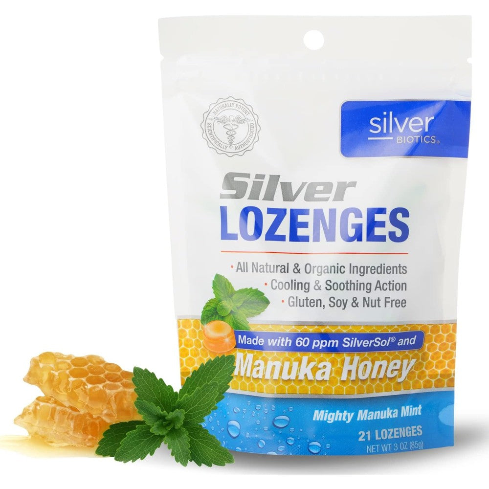 American Biotech Labs Silver Biotics Colloidal Silver Lozenges front packaging showing Mighty Manuka Mint flavor.