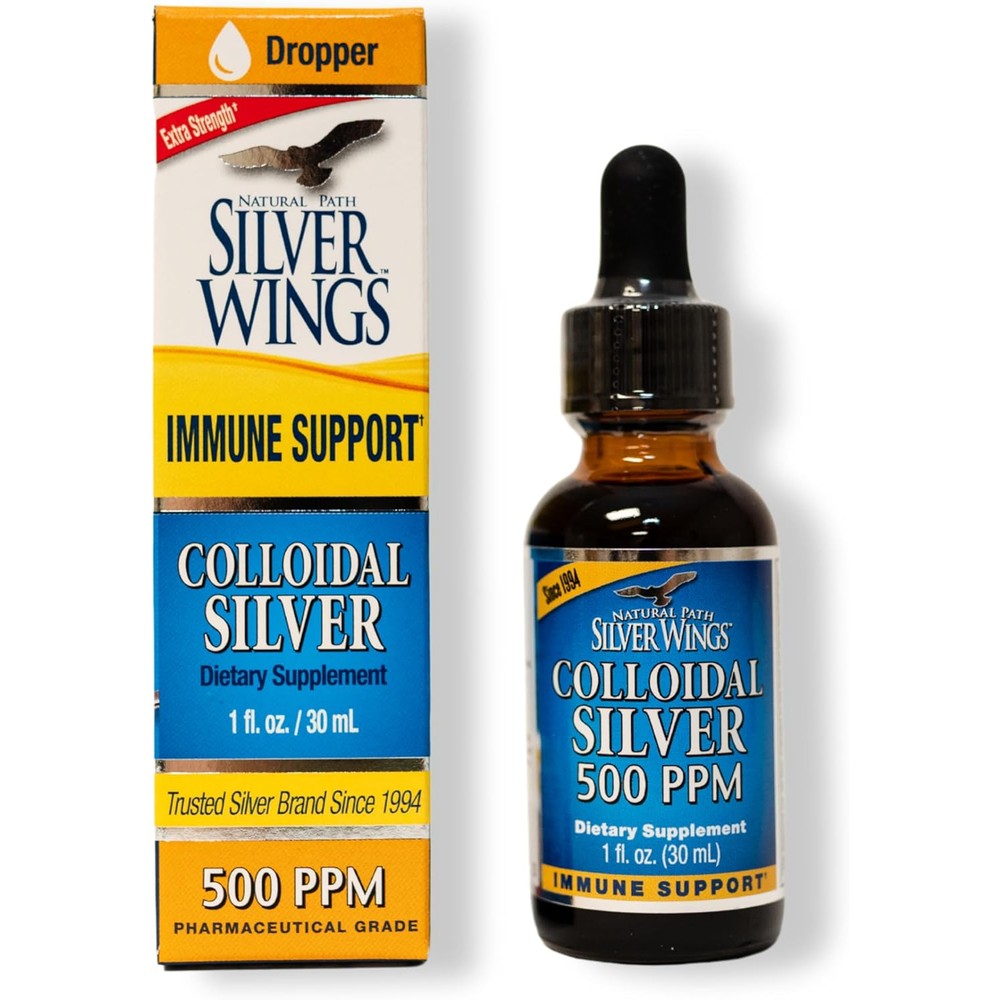 Natural Path Silver Wings Colloidal Silver 500 PPM front view of the one fluid ounce bottle