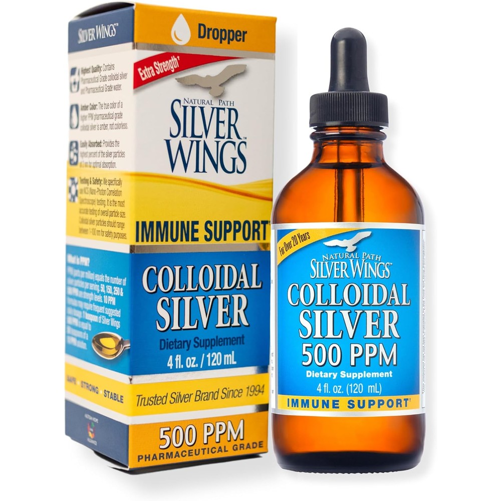 Natural Path Silver Wings Colloidal Silver 500ppm 4 Fluid Ounces front view bottle with dropper