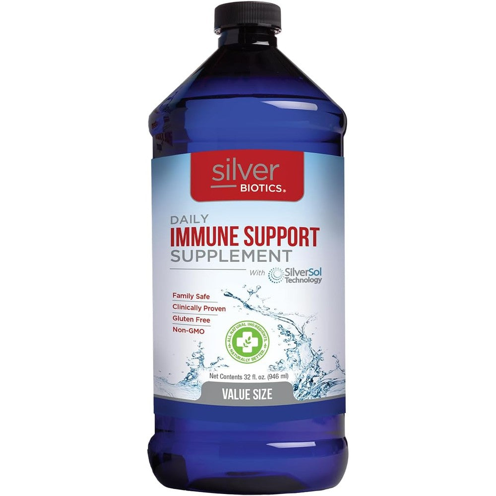American Biotech Labs Silver Biotics 32 Fluid Ounce bottle front view showing immune support benefits