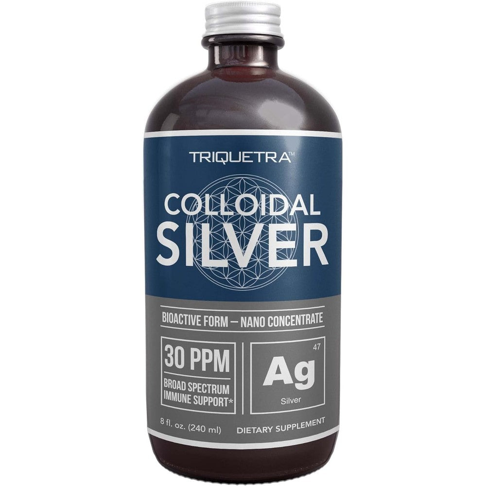 Triquetra Health Bioactive Colloidal Silver front view of the eight ounce premium glass bottle