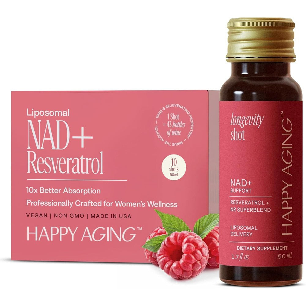Happy Aging Liquid NAD+ Resveratrol Supplement bottle front view