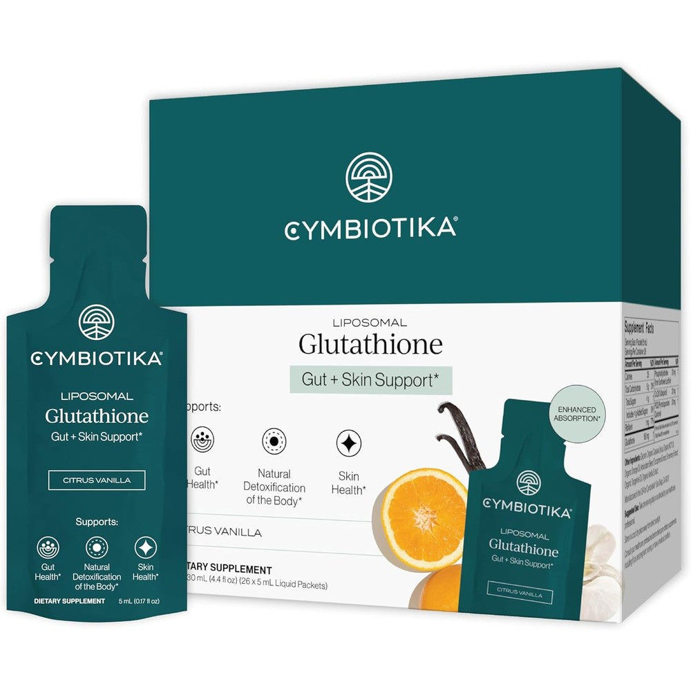 Cymbiotika Liposomal Glutathione front view packaging with citrus vanilla flavor design