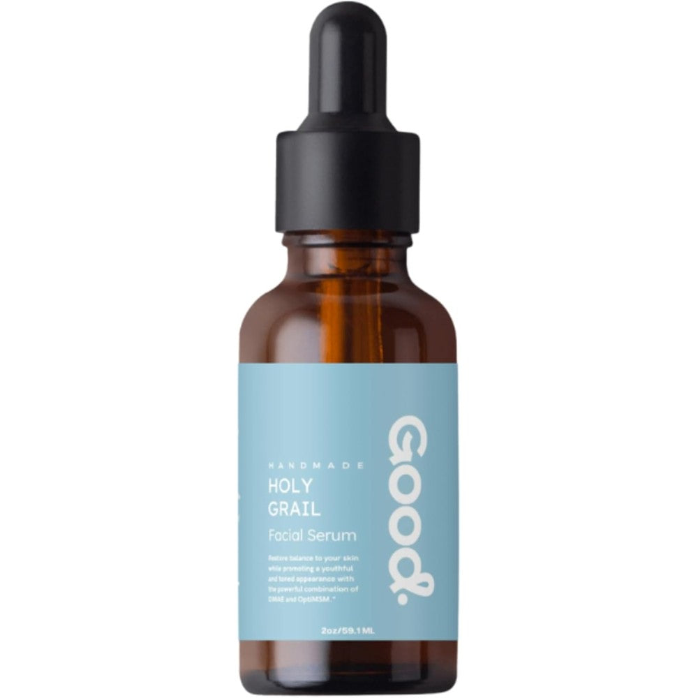 Good Beauty Holy Grail Facial Serum front view of the amber glass bottle with dropper.