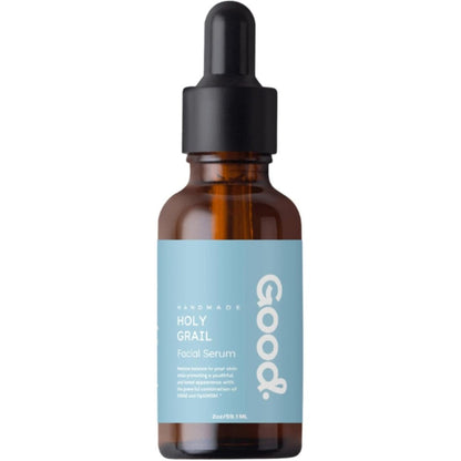 Good Beauty Holy Grail Facial Serum front view of the amber glass bottle with dropper.