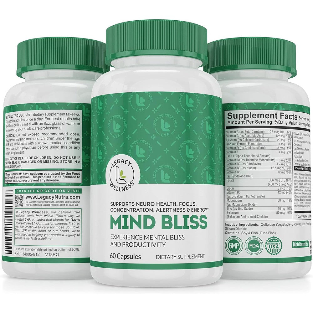 LegacyNutra Mind Bliss Brain Supplement front bottle view showing 40 ingredient memory support details