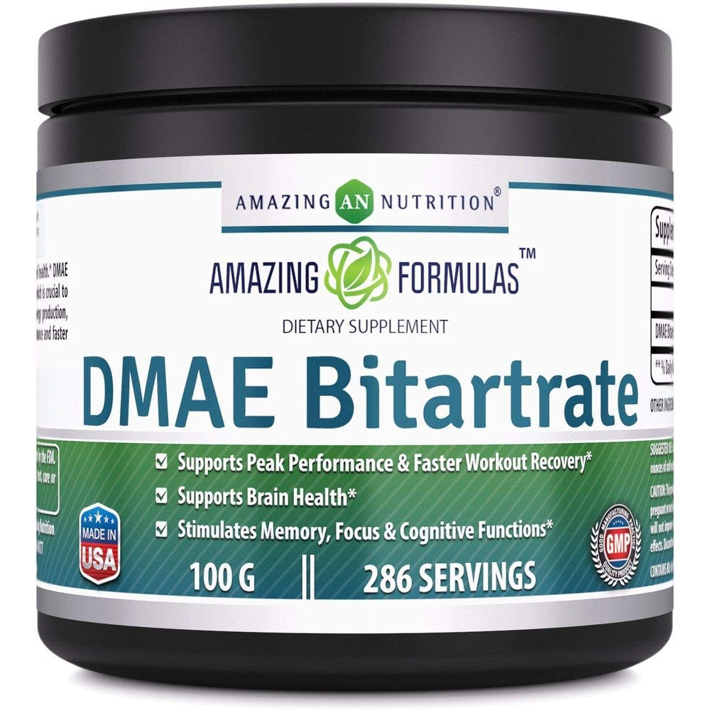 Amazing Nutrition Amazing Formulas DMAE Bitartrate Powder Supplement 100 grams front view showing packaging and serving size details.