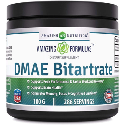 Amazing Nutrition Amazing Formulas DMAE Bitartrate Powder Supplement 100 grams front view showing packaging and serving size details.