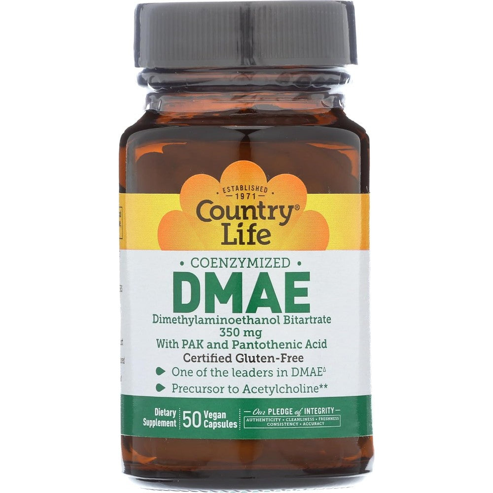 Country Life Coenzymed DMAE 350mg 50 Vegan Capsules front bottle view for cognitive health.
