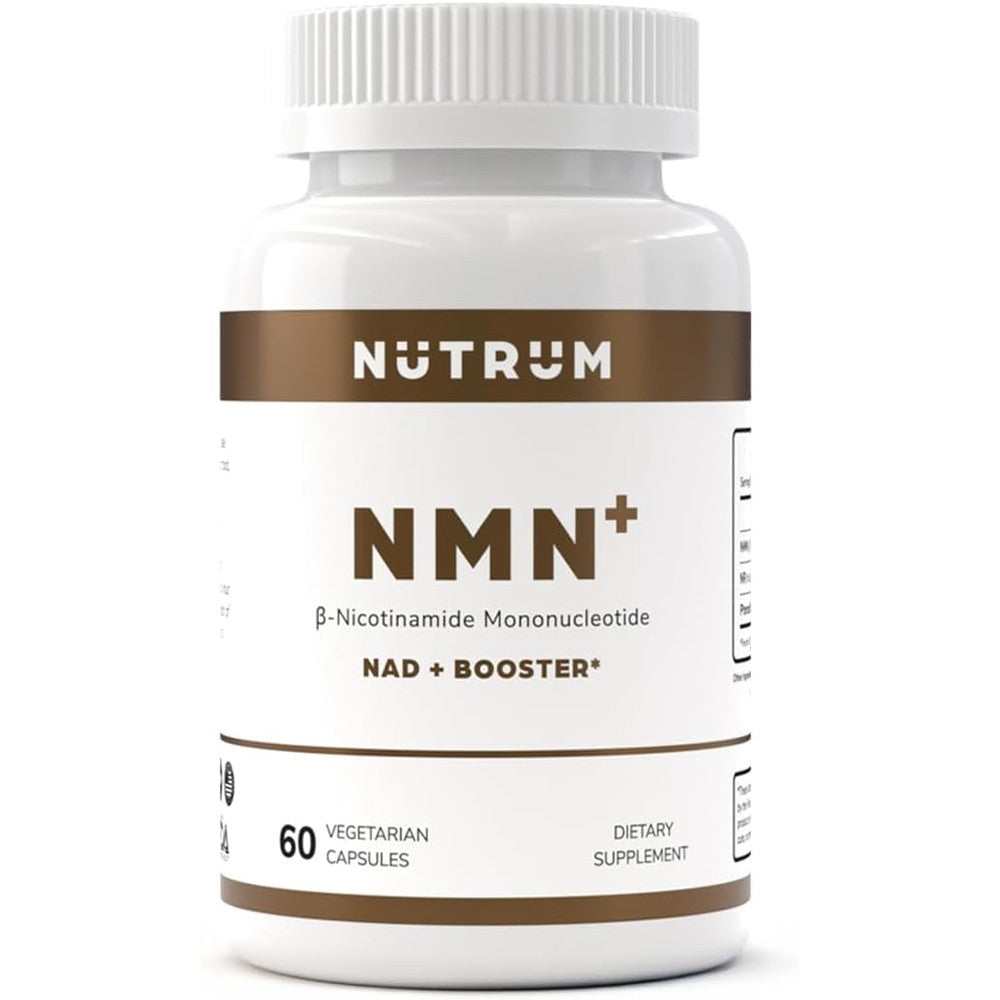 Nutrum NMN NAD supplement front view of the bottle showcasing extra strength cellular energy details.