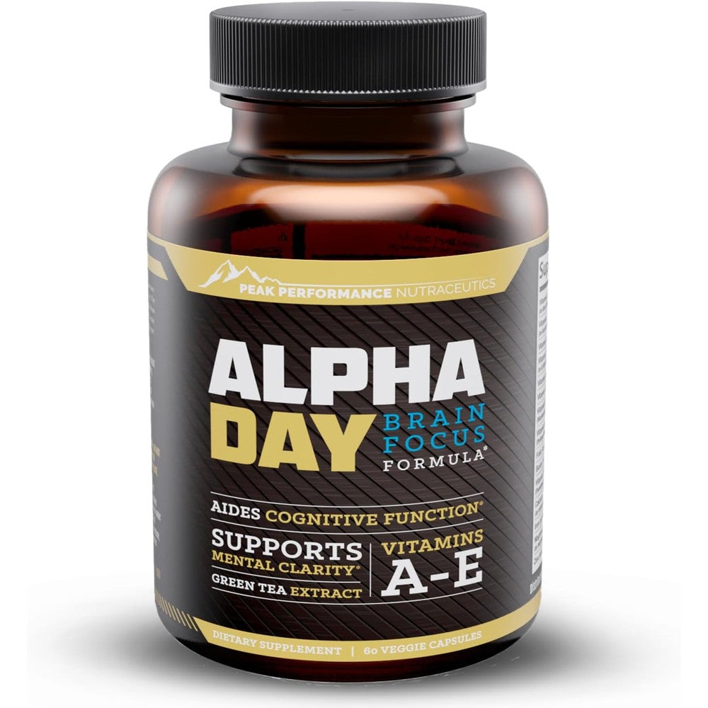 Peak Performance Alpha Day bottle front view showing 60 veggie capsules