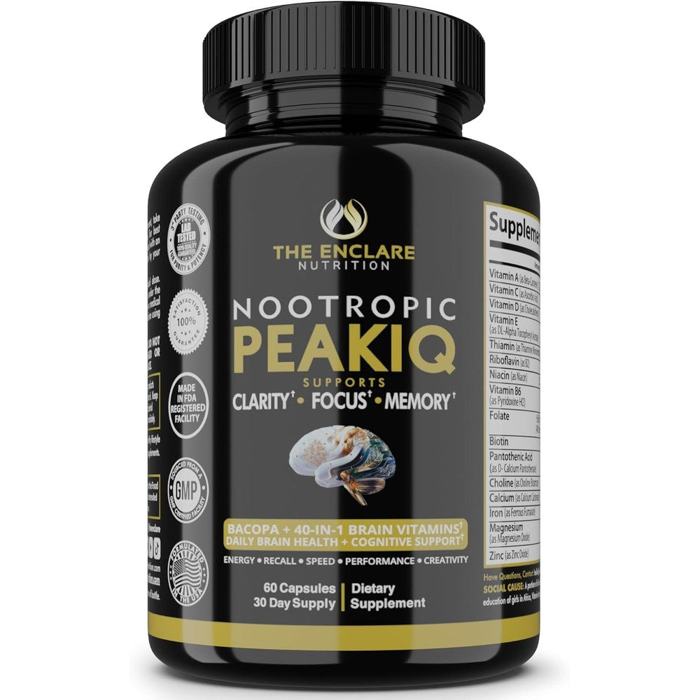 Rainbow Nutrients Peakiq Nootropic Brain Booster front view bottle showing focus supplement formula