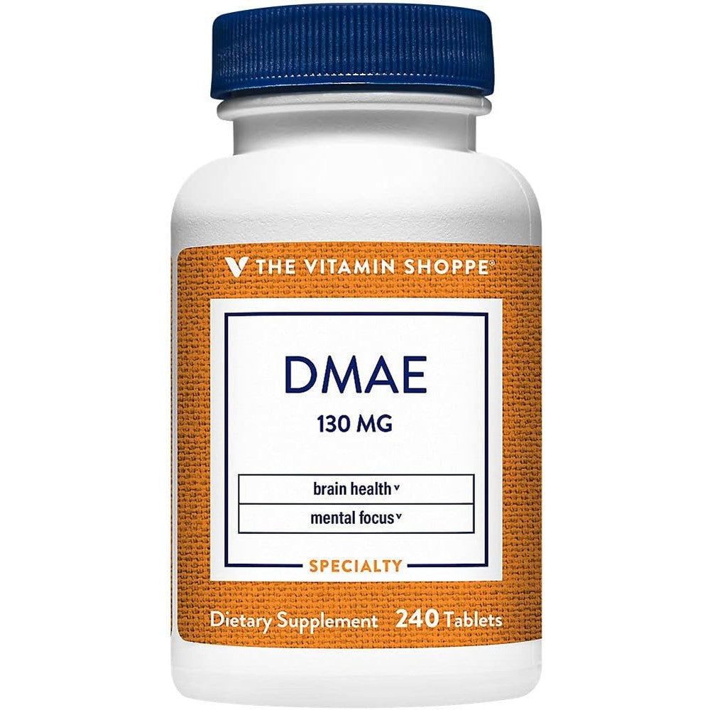 The Vitamin Shoppe DMAE 130 Milligrams front view bottle showing 240 tablets for brain support