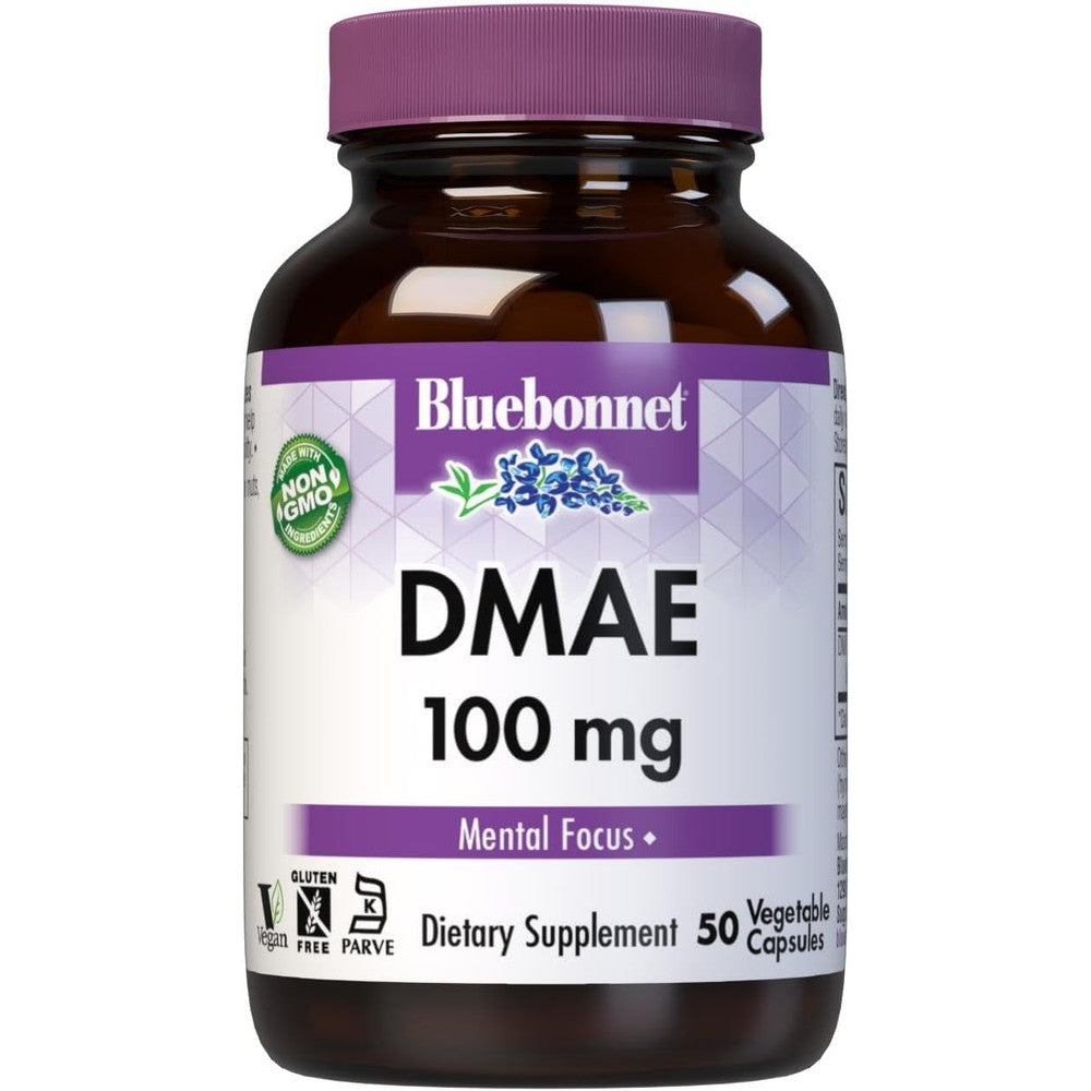 Bluebonnet Nutrition DMAE 100mg 50 vegetable capsules front view bottle for cognitive focus.