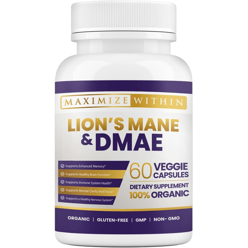 Maximum Slim Lion's Mane and DMAE Capsules front bottle view for cognitive support.