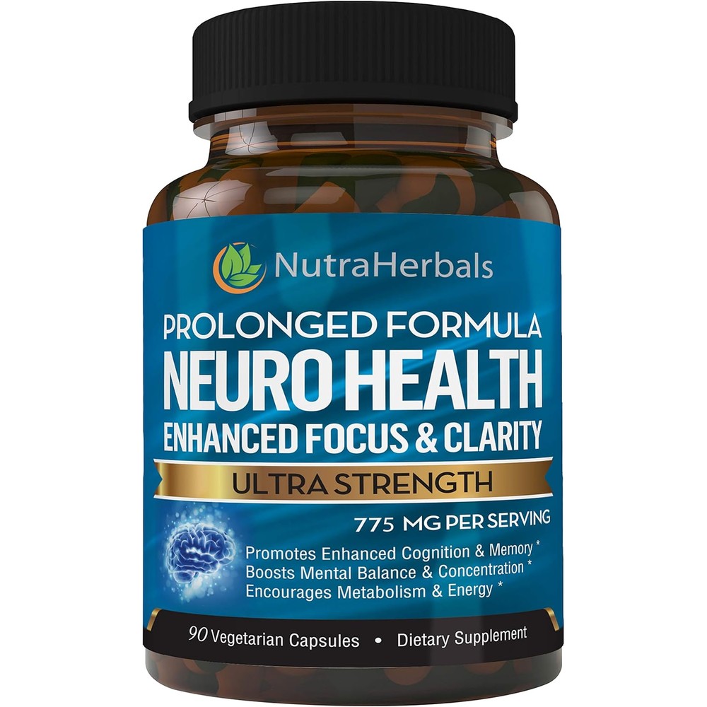 NutraHerbals Neuro Health Brain Booster supplement bottle front view showing ninety vegetarian capsules.