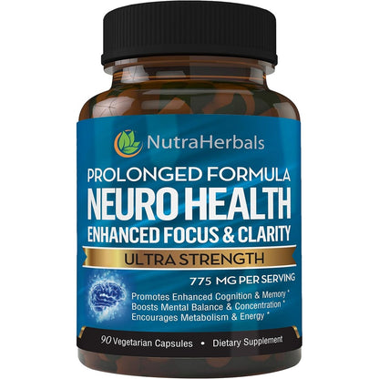 NutraHerbals Neuro Health Brain Booster supplement bottle front view showing ninety vegetarian capsules.