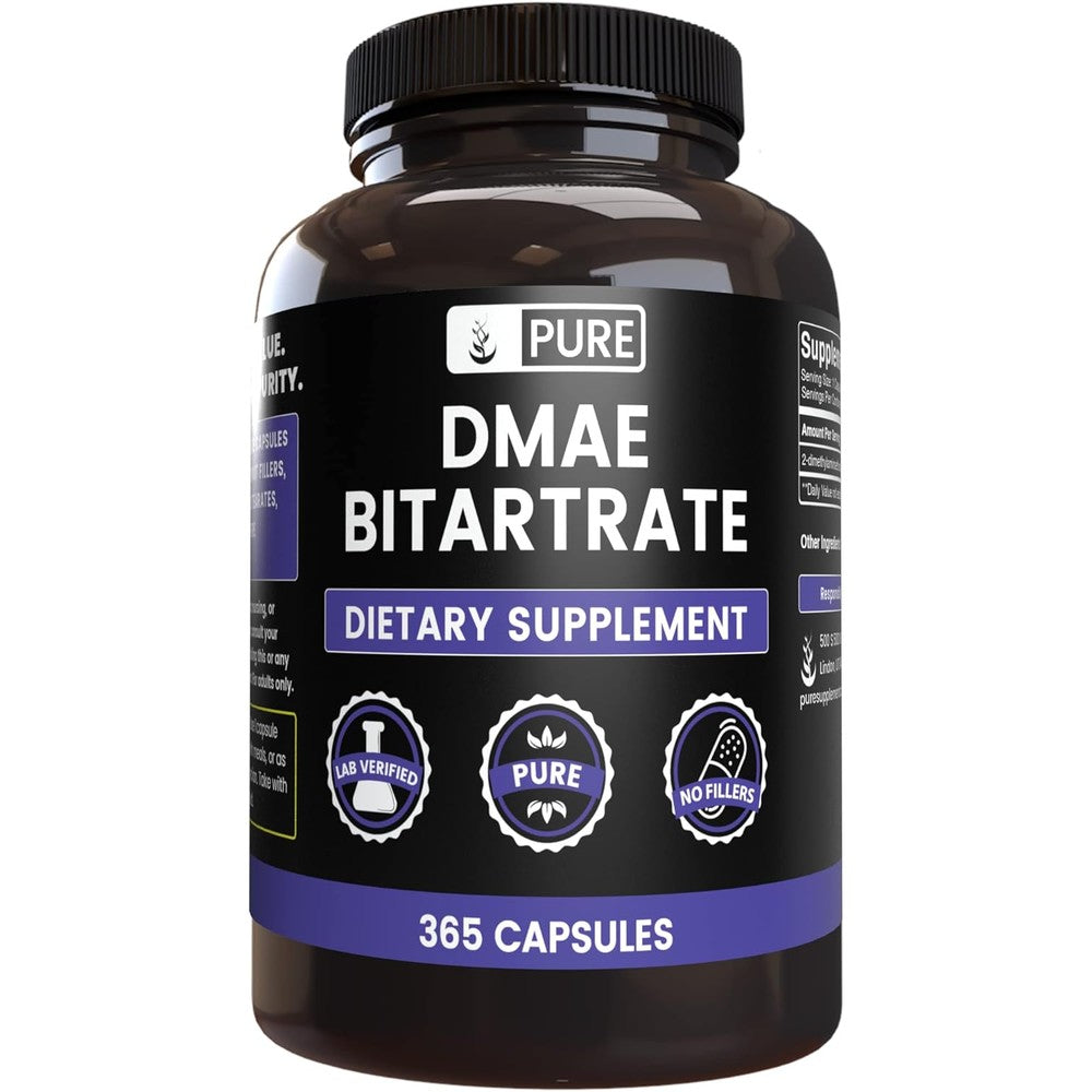 Pure Organic Ingredients DMAE Bitartrate 365 capsules front view bottle for cognitive health.