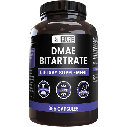 Pure Organic Ingredients DMAE Bitartrate 365 capsules front view bottle for cognitive health.
