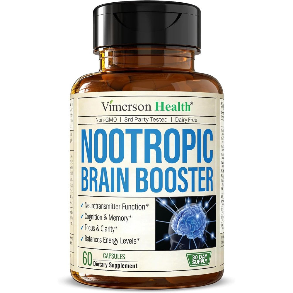 Vimerson Health Nootropics Brain Support Supplement front view bottle showing sixty capsules label