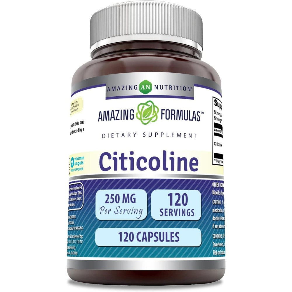 Amazing Nutrition Amazing Formulas Citicoline 250 Milligrams 120 Capsules front bottle view for cognitive health.