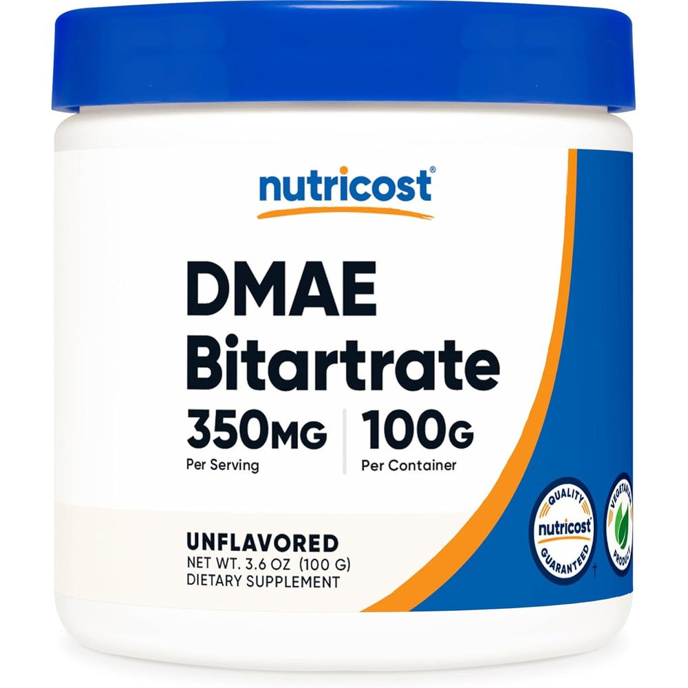 Nutricost Pure DMAE Bitartrate Powder front view container for brain health tracking