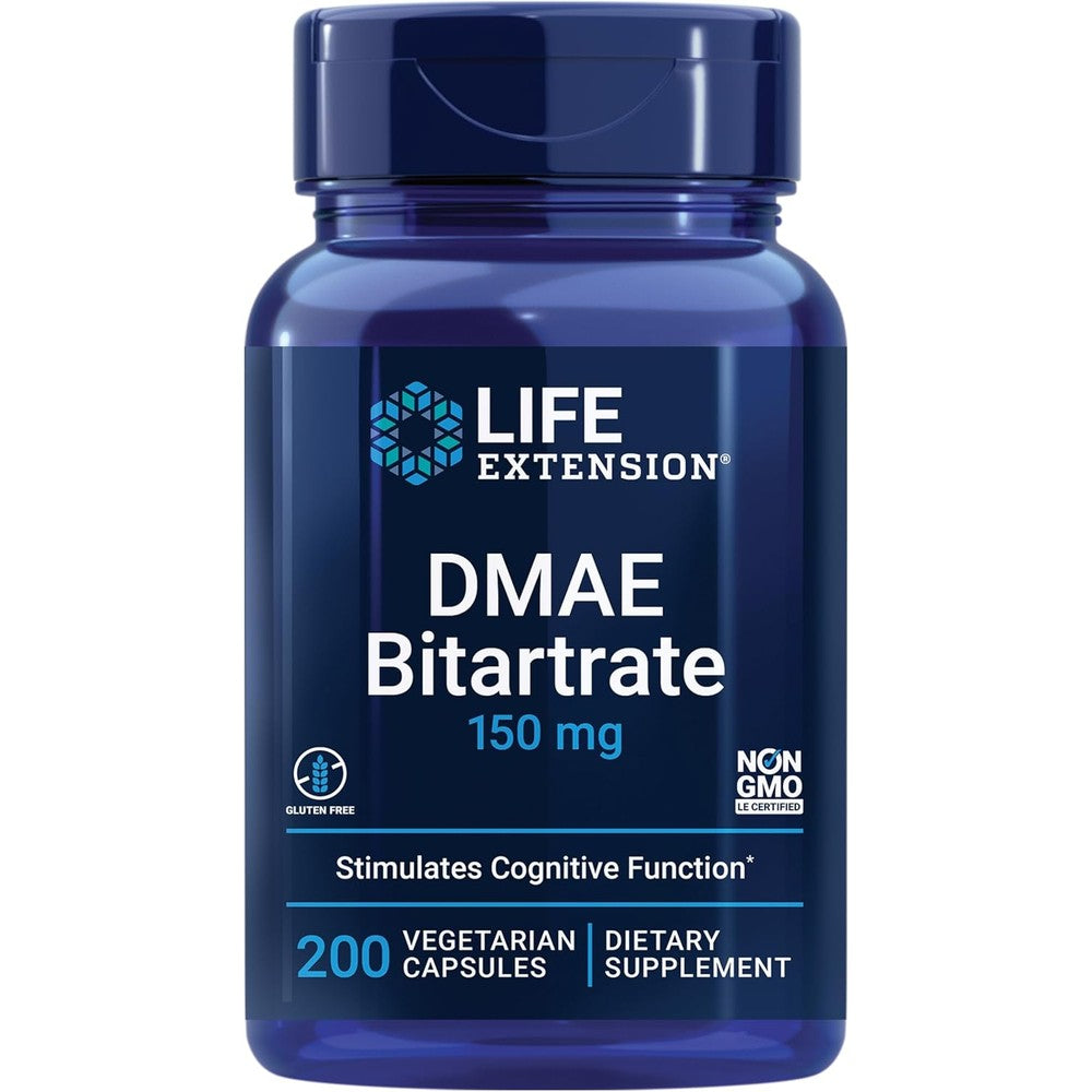 Life Extension DMAE Bitartrate 150 Milligrams front view showing the product label for cognitive support.