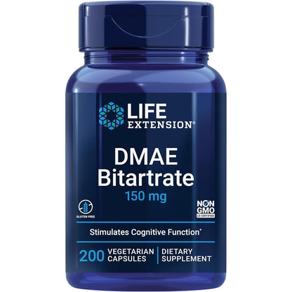 Life Extension DMAE Bitartrate 150 Milligrams front view showing the product label for cognitive support.