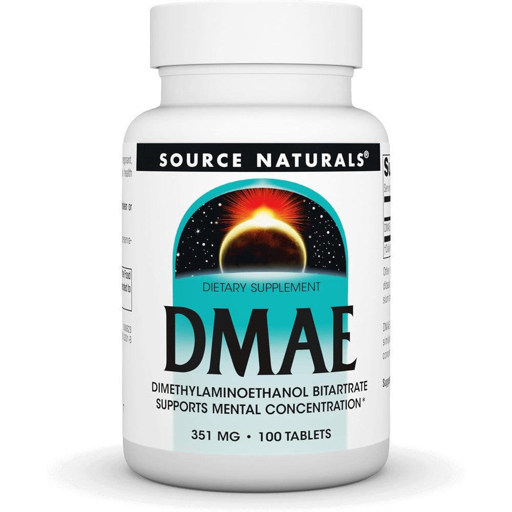 Source Naturals DMAE 100 tablets front view cognitive supplement for mental concentration