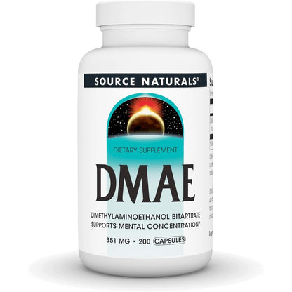 Source Naturals DMAE 351 mg 200 capsules front view showing original packaging for mental focus.