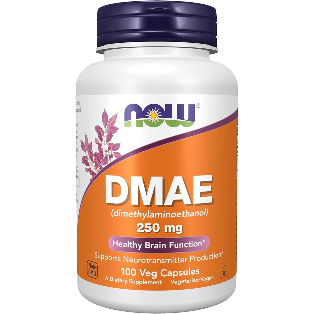 NOW Foods DMAE 250 Milligrams 100 Vegetarian Capsules front bottle view for brain health
