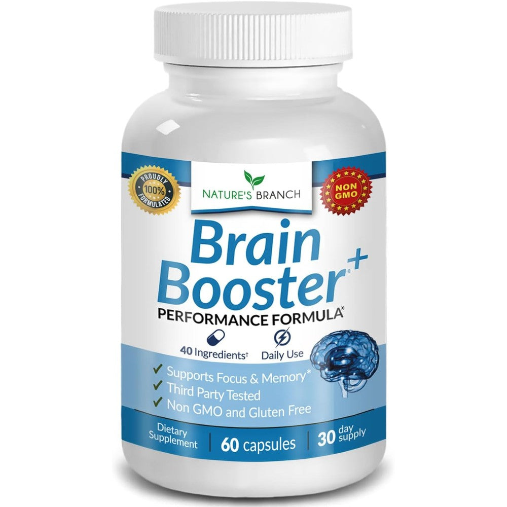 Nature's Branch 40-in-1 Brain Booster Supplement front view bottle showing premium nootropic formula for focus and memory.
