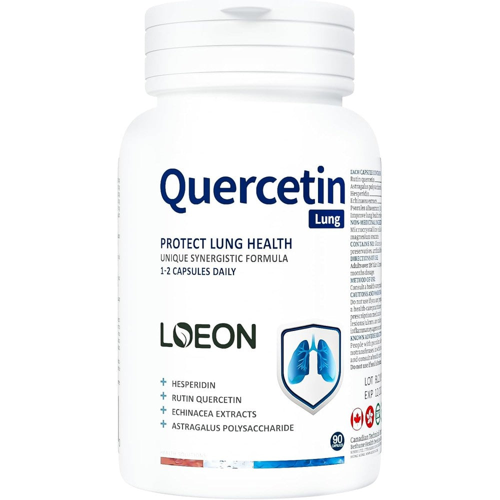 TOFO LOEON Quercetin Plus 90 capsules bottle front view showing respiratory wellness label.