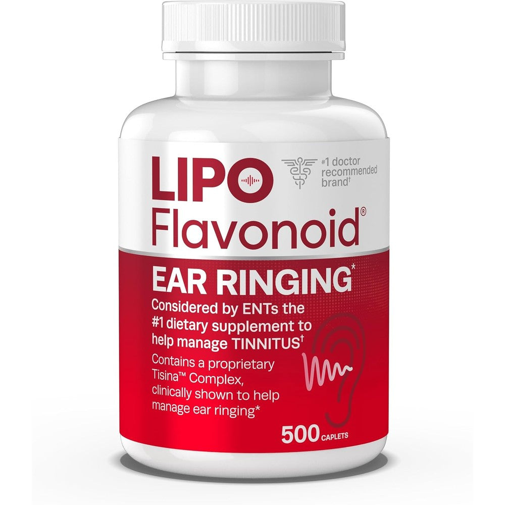 Lipo-Flavonoid Advanced Tinnitus Relief 500 caplets bottle front view displaying inner ear health claims.