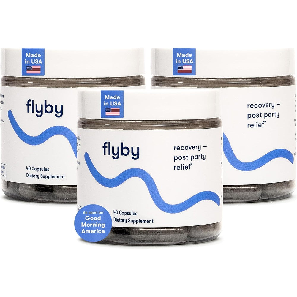 Flyby Recovery Supplement 120 count bottle front view for post party liver support.