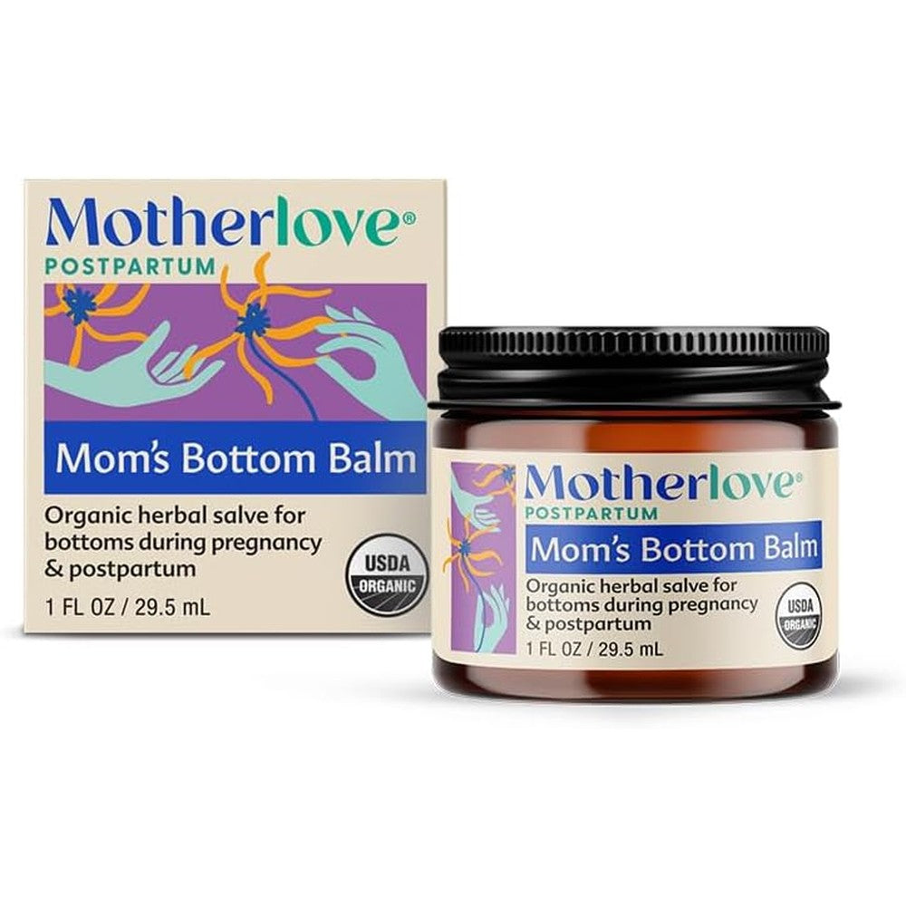 Motherlove Mom's Bottom Balm 1 Ounce jar front view showing organic certification for pregnancy care.