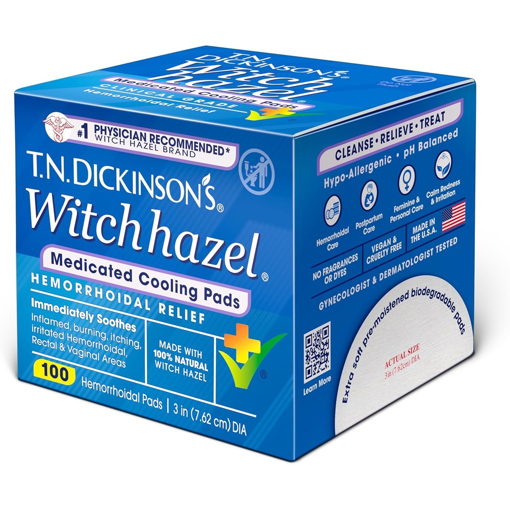 T.N. Dickinson's Medicated Cooling Pads front view tub packaging for hemorrhoid relief