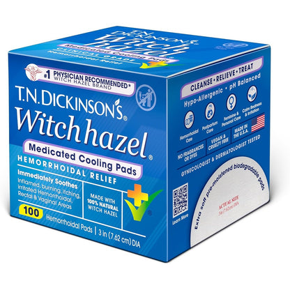 T.N. Dickinson's Medicated Cooling Pads front view tub packaging for hemorrhoid relief
