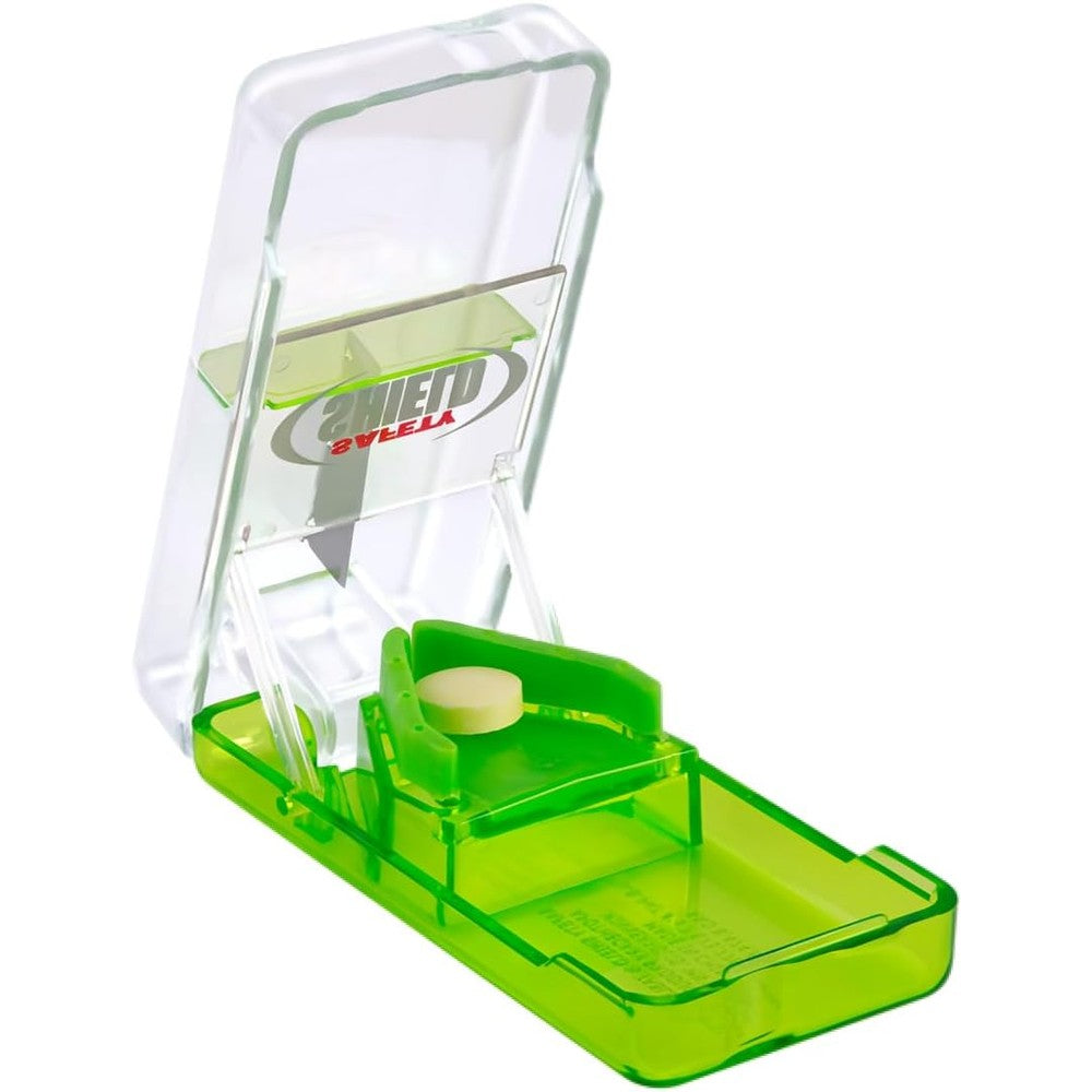 Ezy Dose Pill Cutter with Safety Shield front view showing lime green base and protective cover