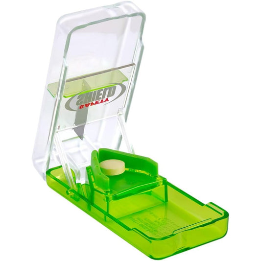 Ezy Dose Pill Cutter with Safety Shield front view showing lime green base and protective cover