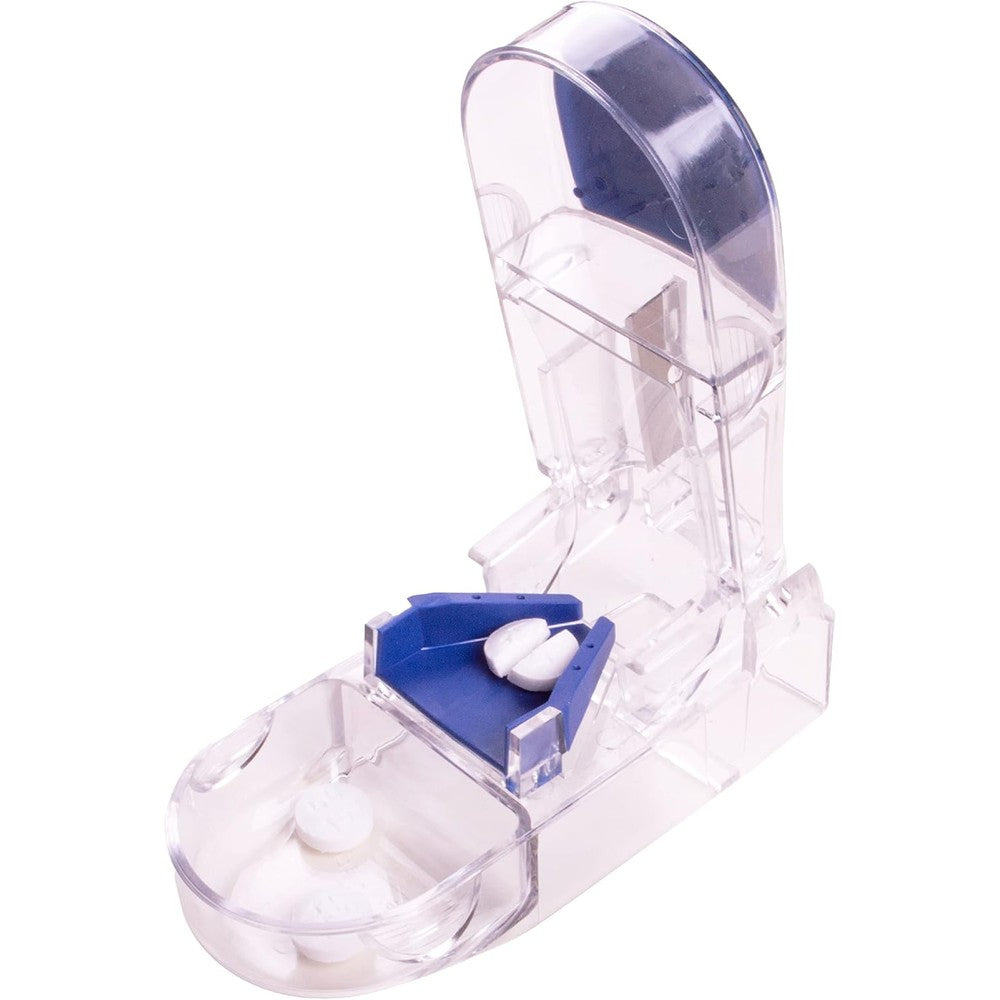 Apex Ultra Pill Cutter front view showing the transparent blue body and compact design.