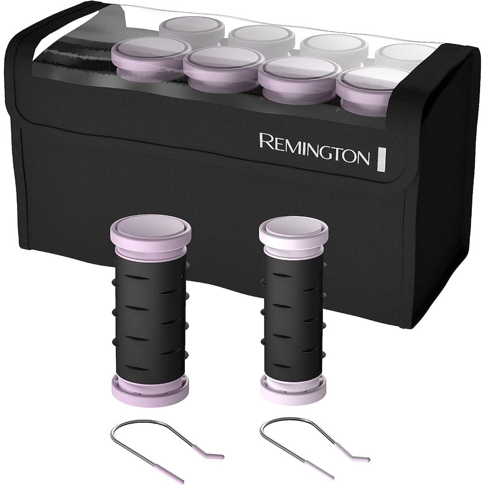 Remington Compact Ceramic Hot Rollers front view with open case showcasing ten purple and black rollers and color-coded clips.