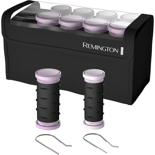 Remington Compact Ceramic Hot Rollers front view with open case showcasing ten purple and black rollers and color-coded clips.