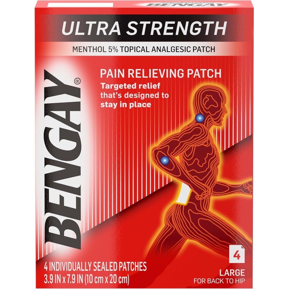 Ben Gay Ultra Strength Pain Relief Patches packaging front view showing large size count